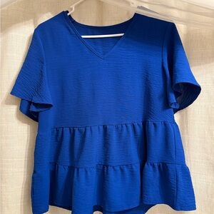 Blue V-Neck Ruffle Hem Top
